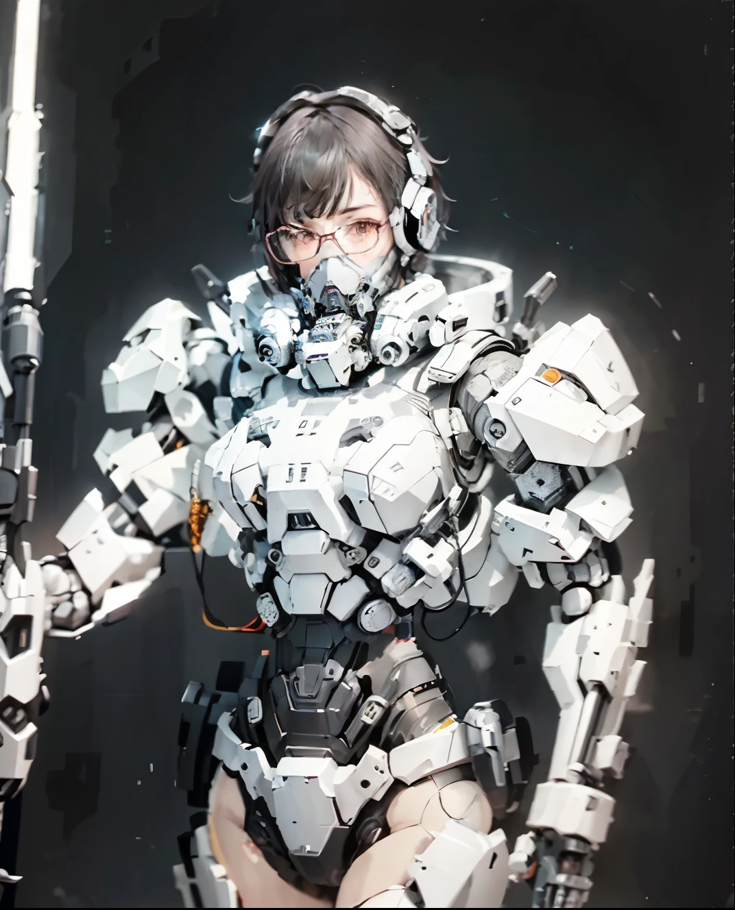 This is a CG Unity 8k wallpaper with ultra-detailed, high-resolution and top quality in cyberpunk style, dominated by black and red. In the picture, a beautiful girl with white messy short hair, a delicate face, wearing a steam mecha mask, standing on the ruins, behind her is a huge robot, and the action of a woman holding a heavy sniper rifle in her hand, glasses