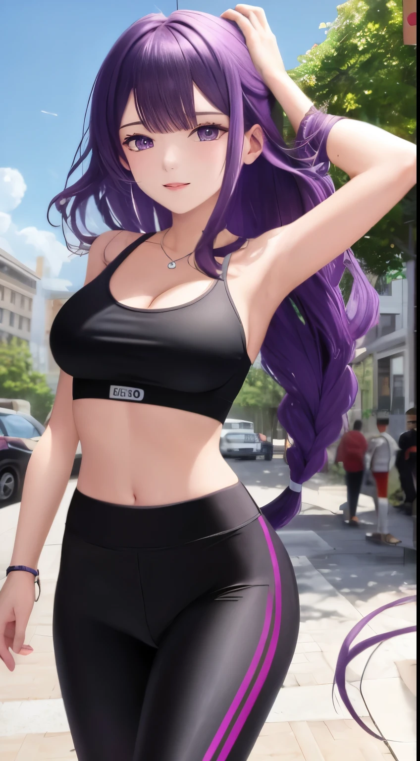 (masterpiece, best quality), high quality, absurdres, highres, ultra detailed, intricate, beautiful woman, 1girl, kafka \(honkai: star rail\), star-kafka, looking at viewer, from behind, looking back, ass, toned, sports bra, leggings, high-waist pants, yoga pants, ponytail, purple hair, purple eyes, sunglasses, hair between eyes, eyewear on head, outdoors,