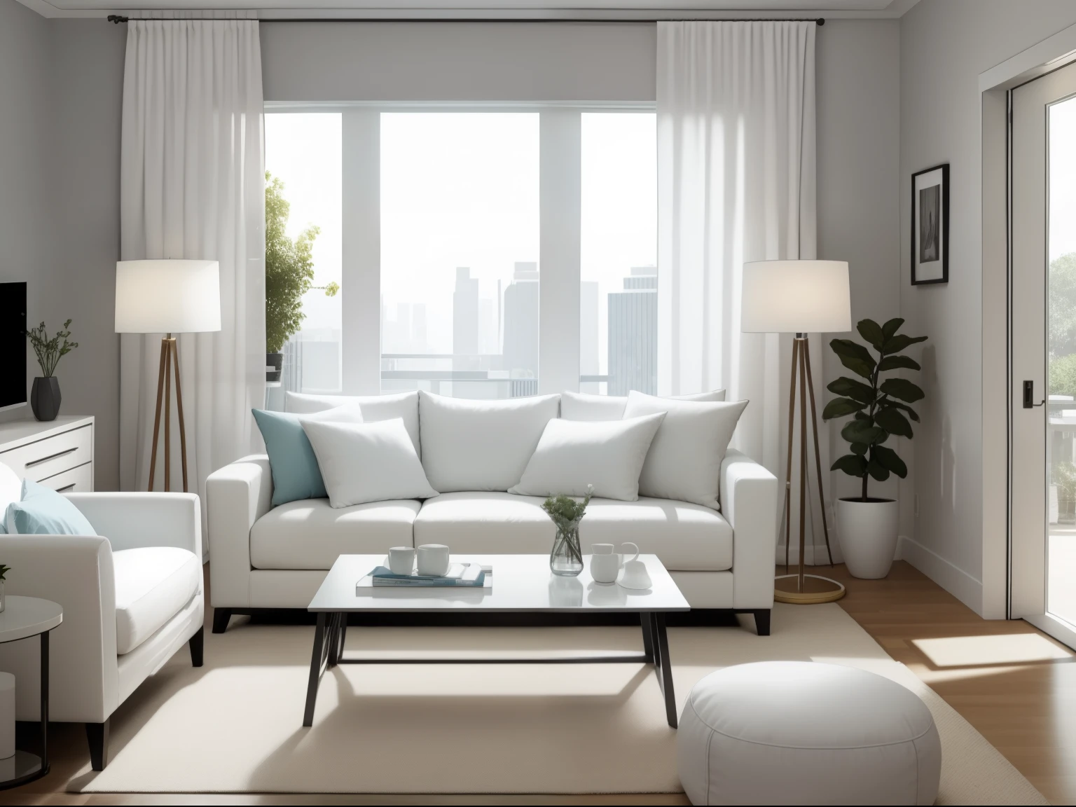 Modern living room with white furniture、cushion、There is no frame for pictures、Soft morning light through the windood Ray、UHD、retinas、super detailing、high high quality、A high resolution、16k、Premium gray、desks、sofe