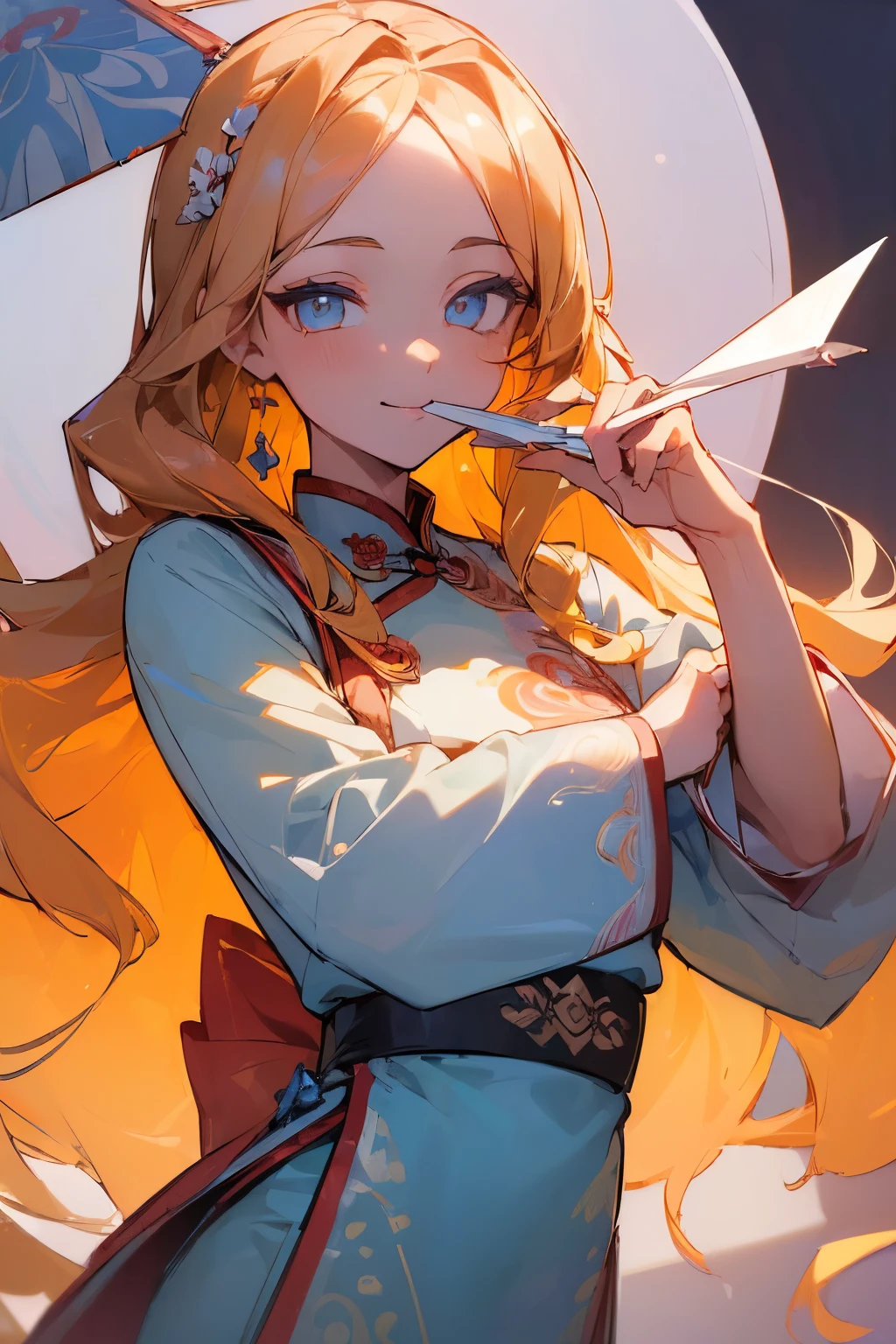 (tmasterpiece, Best quality at best, ultra - detailed: 1.6), lamplight, (Single, 1 girl, beautidful eyes: 1.2), Long curly blonde hair,穿着china idolOn the cheongsam裙,Holding a fan in his hand,ssmile,Round fan,china idol,On the cheongsam,