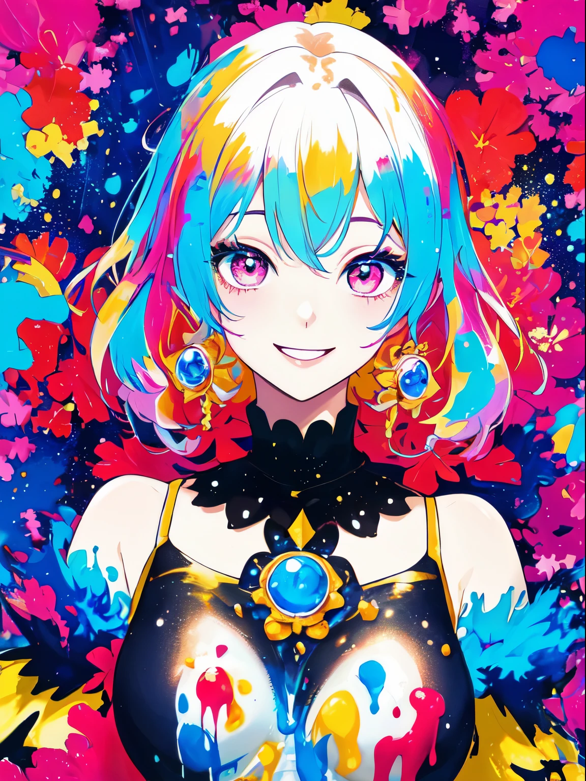 A bright and sparkling girl, Smile, Happy, Attractive, Cool, Fashionable, Beautiful, masutepiece, Best Quality, Rich color background, Attractive background, Colorful background, splashed color, Splash paint