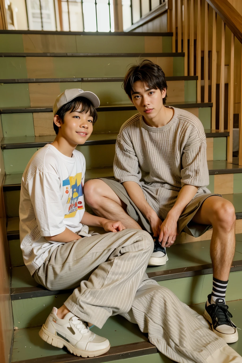 Two boys sitting on stairs