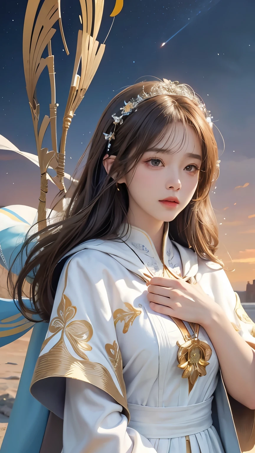 (masterpiece、top-quality、top-quality、Official art、Beautifully Aesthetic:1.2)、(1girl in)、ighly detailed、(Fractal Art:1.3)、colourfull、highestdetailed、face perfect、The upper part of the body、large boob、nffsw、(doa:1.3)、(White cloak golden lines:1.2)、intergalactic、(light streaks)、striking visuals、(Dynamic right-handed trajectory:1.2)、vivd colour、