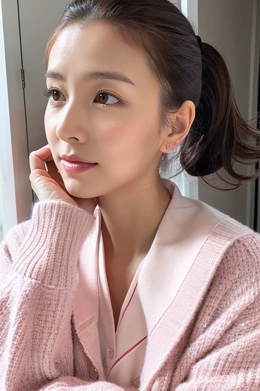 Please create a woman with the same face as the first image I uploaded, wearing the following outfit.
Pink cardigan, white nursing uniform. Her hair color is black. Her hairstyle is a ponytail.
The woman's occupation is a psychological counselor. Realistic, masterpiece, best quality.