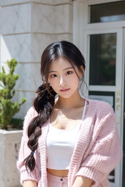 Please create a woman with the same face as the first image I uploaded, wearing the following outfit.
Pink cardigan, white nursing uniform. Her hair color is black. Her hairstyle is a ponytail.
The woman's occupation is a psychological counselor. Realistic, masterpiece, best quality.