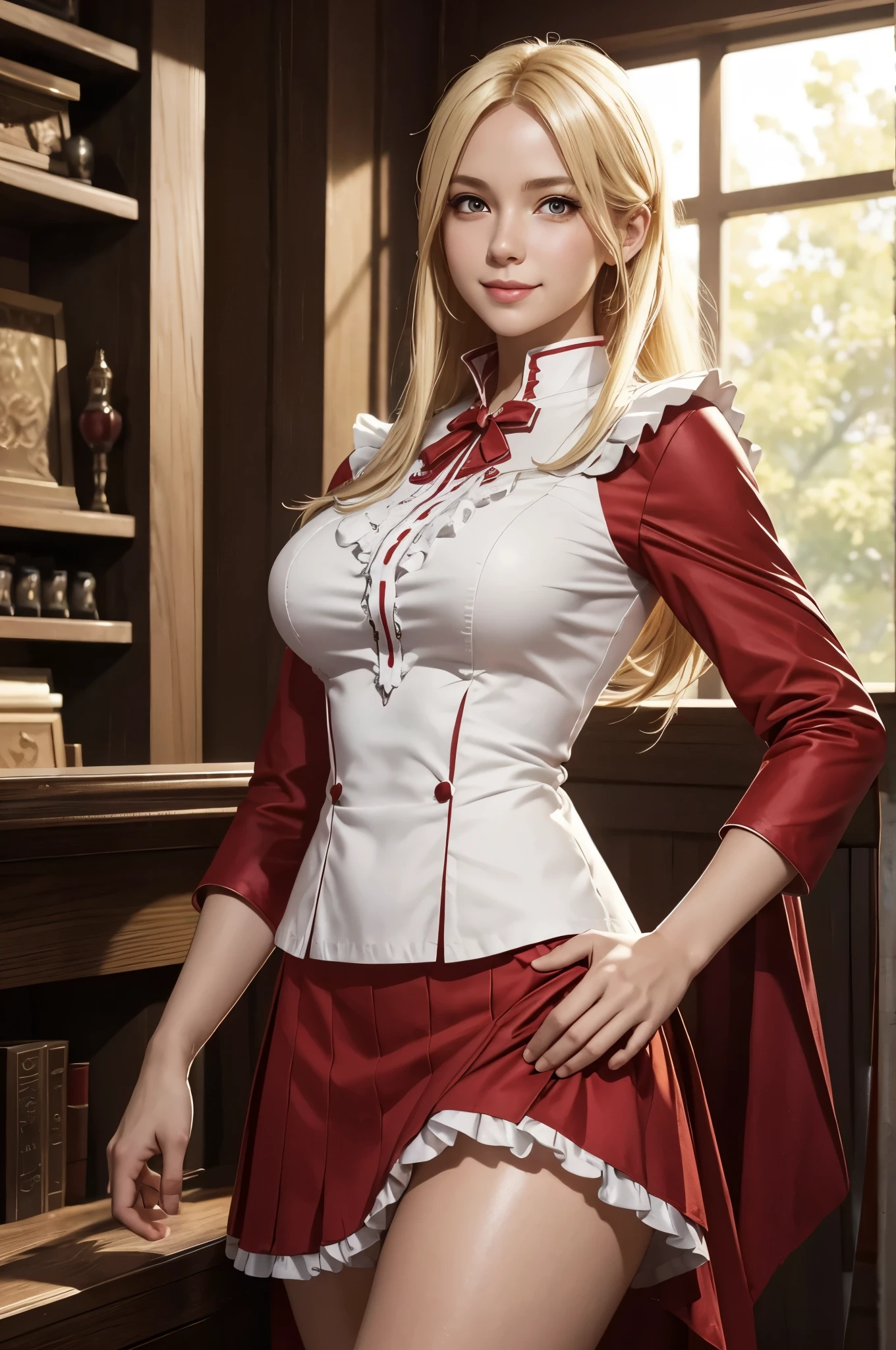 8K,A woman wearing a red and white dress is taking a photo, Smooth CG art, shiny white skin, 8k high quality detailed art, photorealistic anime girl render, fanart best artstation, character is in her natural pose, Beautiful attractive receptionist woman, elegant smiling pose, smooth digital concept art, very detailed character, White shiny skin,Fantasyart,Adventurer's Guild Counter,character art,a blond,thin muscular body,red and white ruffled skirt,Thin macho,Guild staff uniform,Background with,