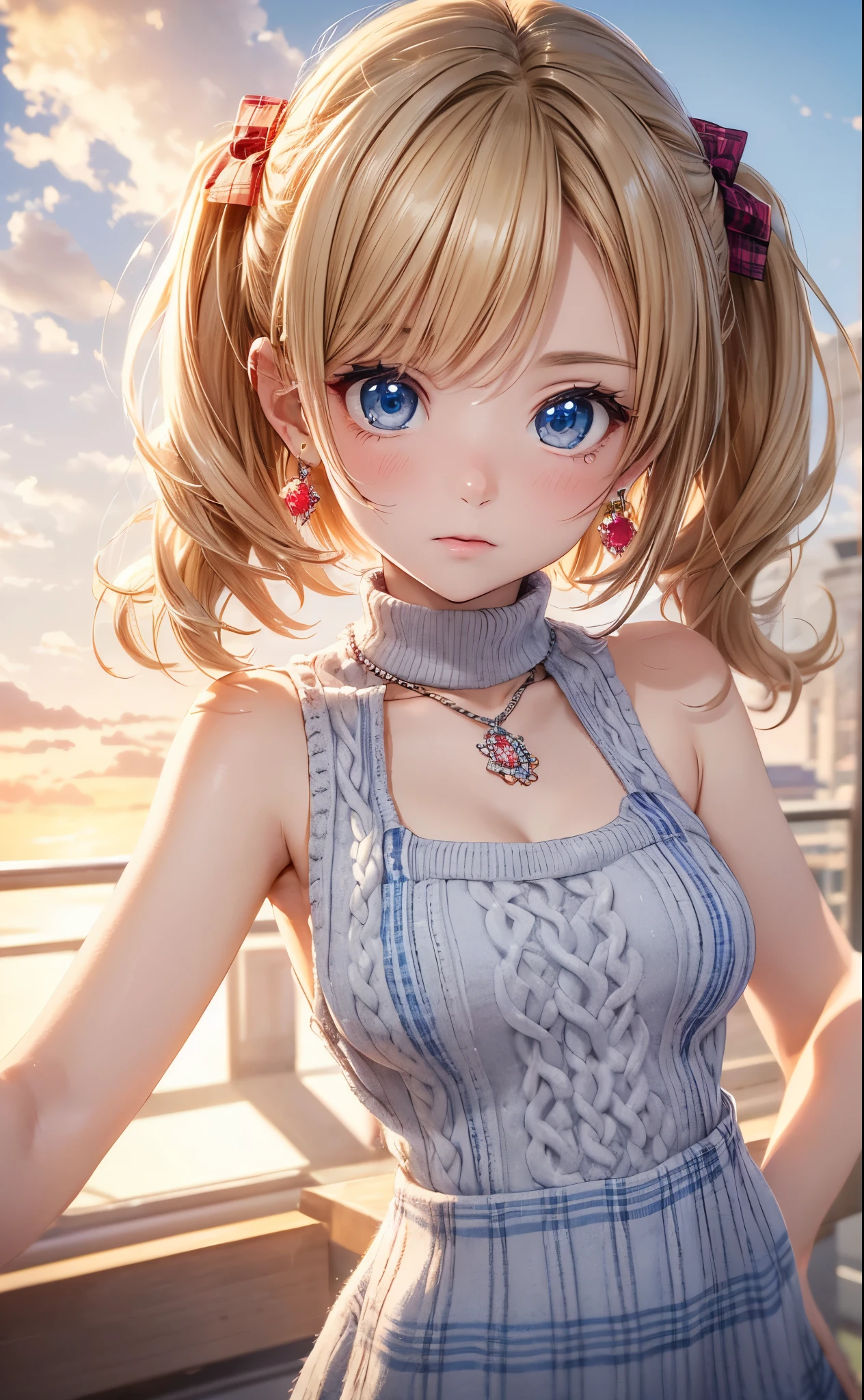 melody marks,absurderes, ultra-detailliert,bright colour, extremely beautiful detailed anime face and eyes,Short hair, Forehead, Blonde hair with short twin tails, Shiny hair, boobs boobs delicate beautiful face, red blush、(deep blue eyes:1.2),hair clips,earrings,a necklace, (plaid knit dress:1.3), Beautiful cloud, Dusk sky,