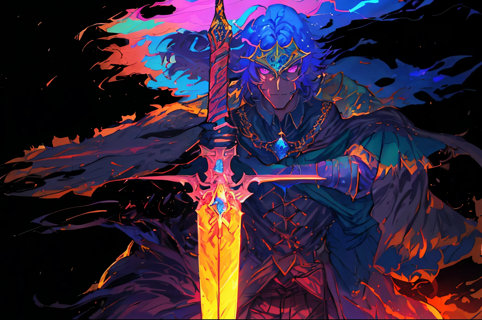 a close up of a person holding a sword in a dark room, colorful concept art, dark souls art style, by Tyler Jacobson, rossdraws cartoon vibrant, epic fantasy art style, jen bartel, great character design, demon slayer artstyle, handsome guy in demon slayer art, stunning character art, 8k high quality detailed art, dnd fantsay art