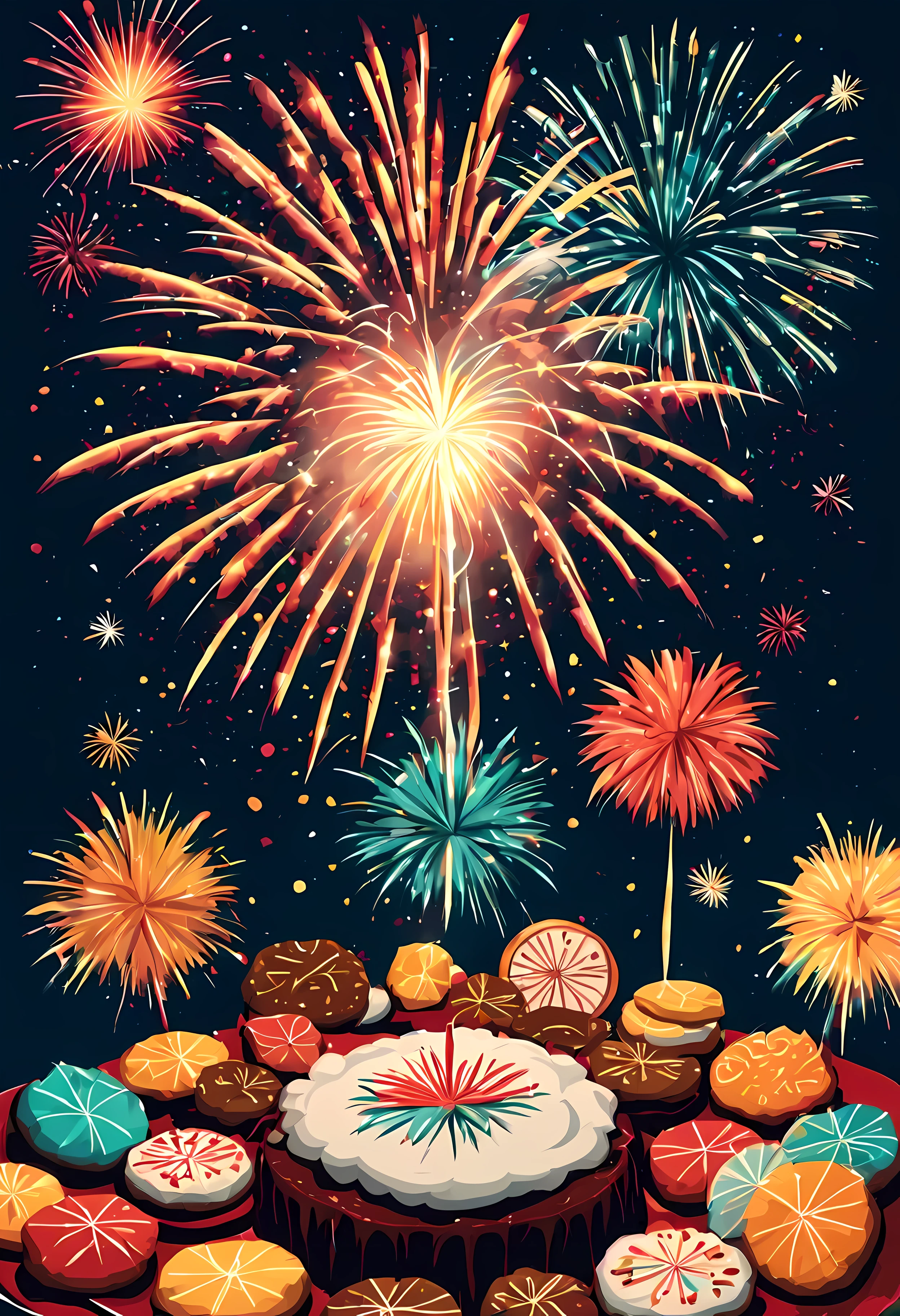 a single warm color palette masterpiece artwork about new year celebration, cookies and a (single:1.5) big firework, tidy cartoon and cute style, (happy new year celebration textbox:1.2)