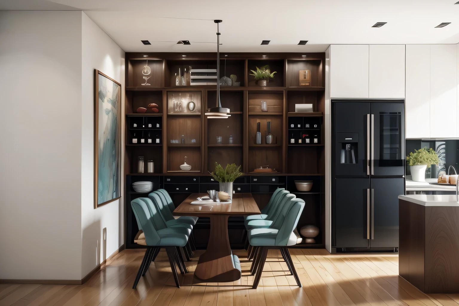 Color Scheme:
Primary Tone: Utilize neutral tones such as white, grey, or light brown for the walls, ceiling, and fundamental materials to establish the foundation for the dining space.
Accent Colors: Create focal points by applying one or two vibrant colors like bold red, deep blue, or rich green through details like the dining table, chairs, ceiling lights, or wall hangings.
Layout and Design:
Simplicity and Modernity: Construct the dining area with a minimalist and straightforward design that also carries a sense of modernity and cleverness.
Diverse Material Usage: Employ materials such as wood, metal, glass, or stone for elements of the furniture like the dining table, chairs, and shelving to introduce diversity and aesthetic appeal to the space.
Decoration and Highlights:
Unique Furniture and Accessories: Choose furniture and accessories with modern and distinctive designs, such as a uniquely designed dining table, chairs with refined lines, or ceiling lights with a distinct style to create focal points.
Decorative Details: Incorporate decorative elements such as modern artwork, metal or ceramic decorative items, and indoor plants to enhance the beauty of the space.
Combining striking color schemes with a modern layout and design will render the dining area spacious, contemporary, and make a strong impression upon entry.