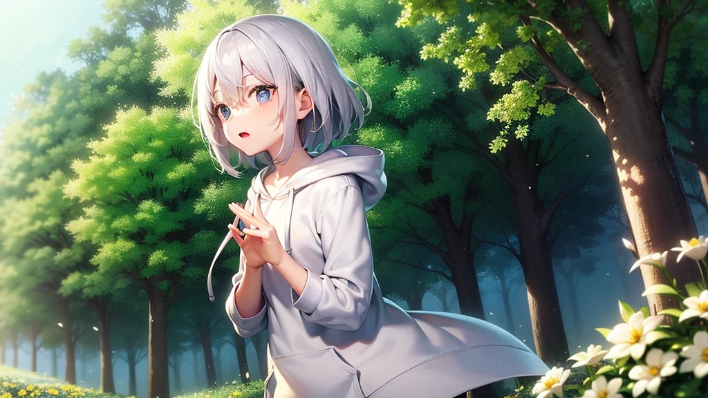 (masutepiece: 1.2, Best Quality), 1 Lady, Solo, silber hair,Shoulder out,Very short hair, long bangs between eyes, blue eyess,Black eyes, Hoodie,White hair, Silver hair, Hoodie, White hoodie、blue-sky、in woods、izumi、flower field、open open mouth、5 fingers