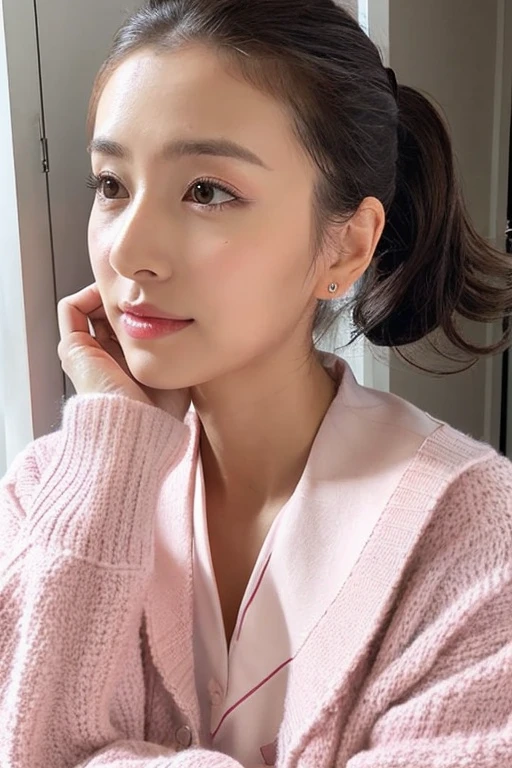 Please create a woman with the same face as the first image you uploaded., I am wearing the following clothes.
Pink cardigan, White nursing uniform. Her hair color is black. Hairstyle is ponytail.
The woman&#39;s occupation is a psychological counselor.. Realistic, masutepiece, Best Quality.