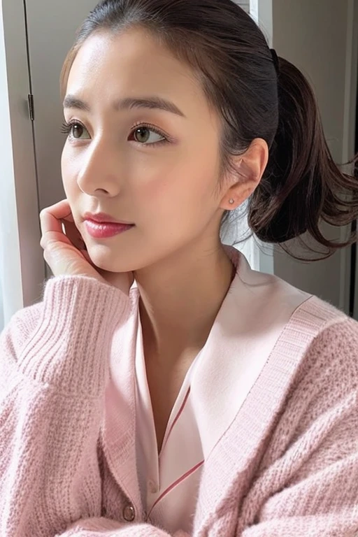 Please create a woman with the same face as the first image you uploaded., I am wearing the following clothes.
Pink cardigan, White nursing uniform. Her hair color is black. Hairstyle is ponytail.
The woman&#39;s occupation is a psychological counselor.. Realistic, masutepiece, Best Quality.
