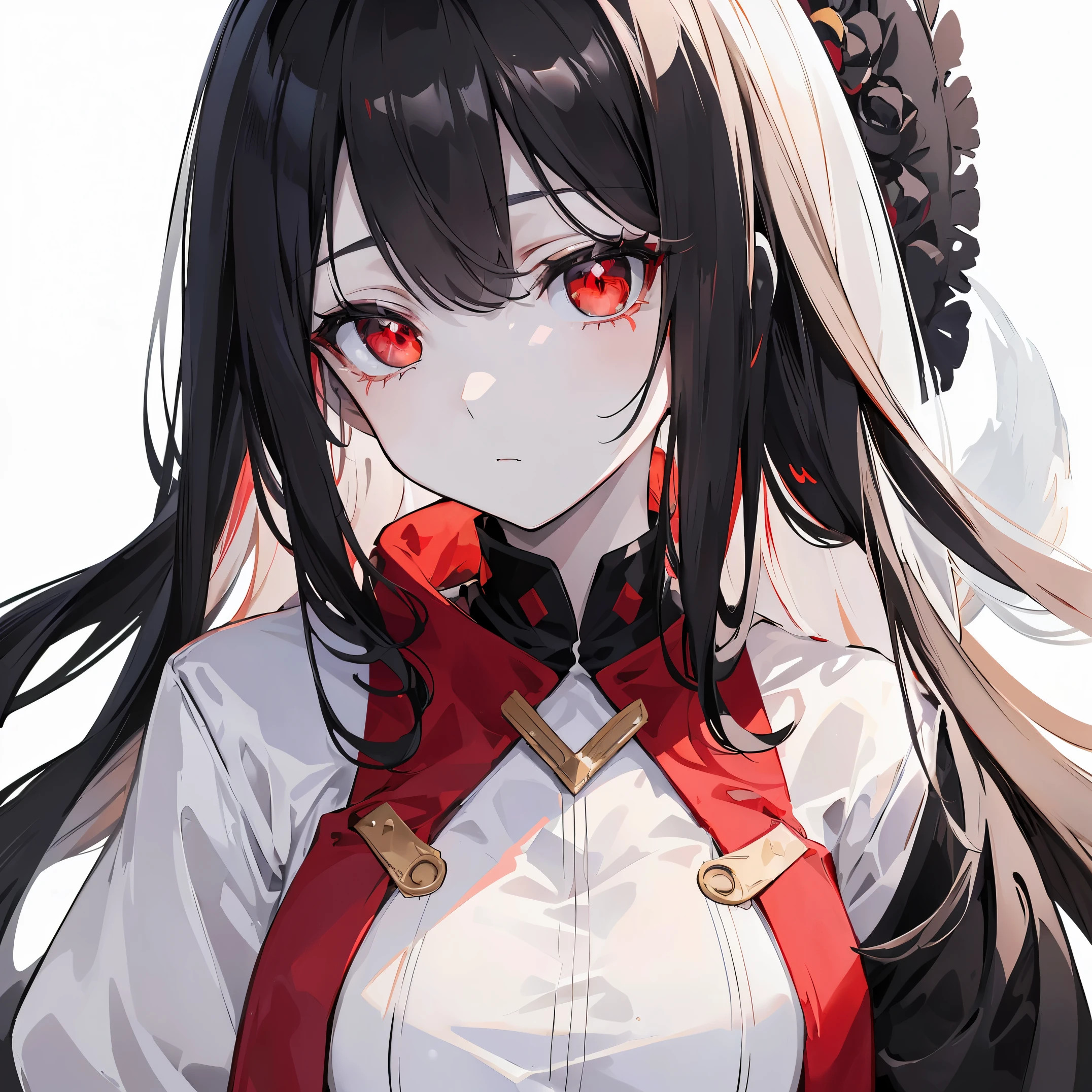 1 girl in, Full body, (masutepiece:1.2, Best Quality), (finely detailed beautiful eye: 1.2), (beautifull detailed face), High contrast, (Best Illumination, extremely delicate and beautiful), ((Cinematic Light)), Dramatic light, (Pale white background:1.5), oversized red coat, Black hair, Red Eyes, body harnesses, Side tail hair,black military uniform, black skirt,