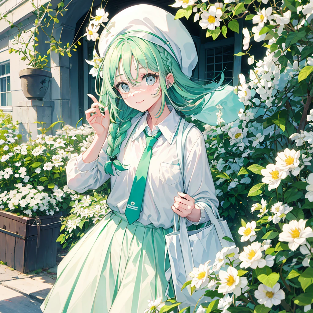 1girl in, (bags under eyes:1.5), Mint green hair, twin_braid, White beret, White shirt, flower necktie、A big smile