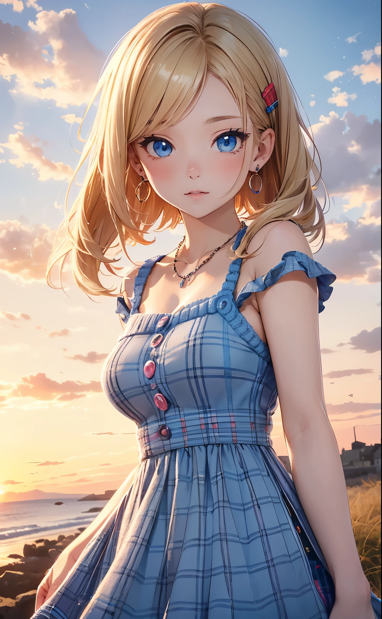 melody marks,absurderes, ultra-detailliert,bright colour, extremely beautiful detailed anime face and eyes,Short hair, Forehead, Blonde hair with short twin tails, Shiny hair, boobs boobs delicate beautiful face, red blush、(deep blue eyes:1.2),hair clips,earrings,a necklace, (plaid knit dress:1.3), Beautiful cloud, Dusk sky,