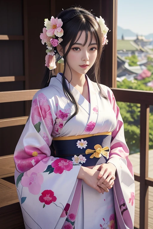Wearing a kimono、Feide woman with flowers on her head, beautiful digital artwork, beautiful digital illustration, beautiful digital painting, gorgeous digital painting, Guweiz style artwork, photorealistic anime girl rendering, smooth anime cg art, beautiful digital art, Great digital art with details, stunning digital illustration, detailed digital anime art, render of april, a beautiful anime portrait