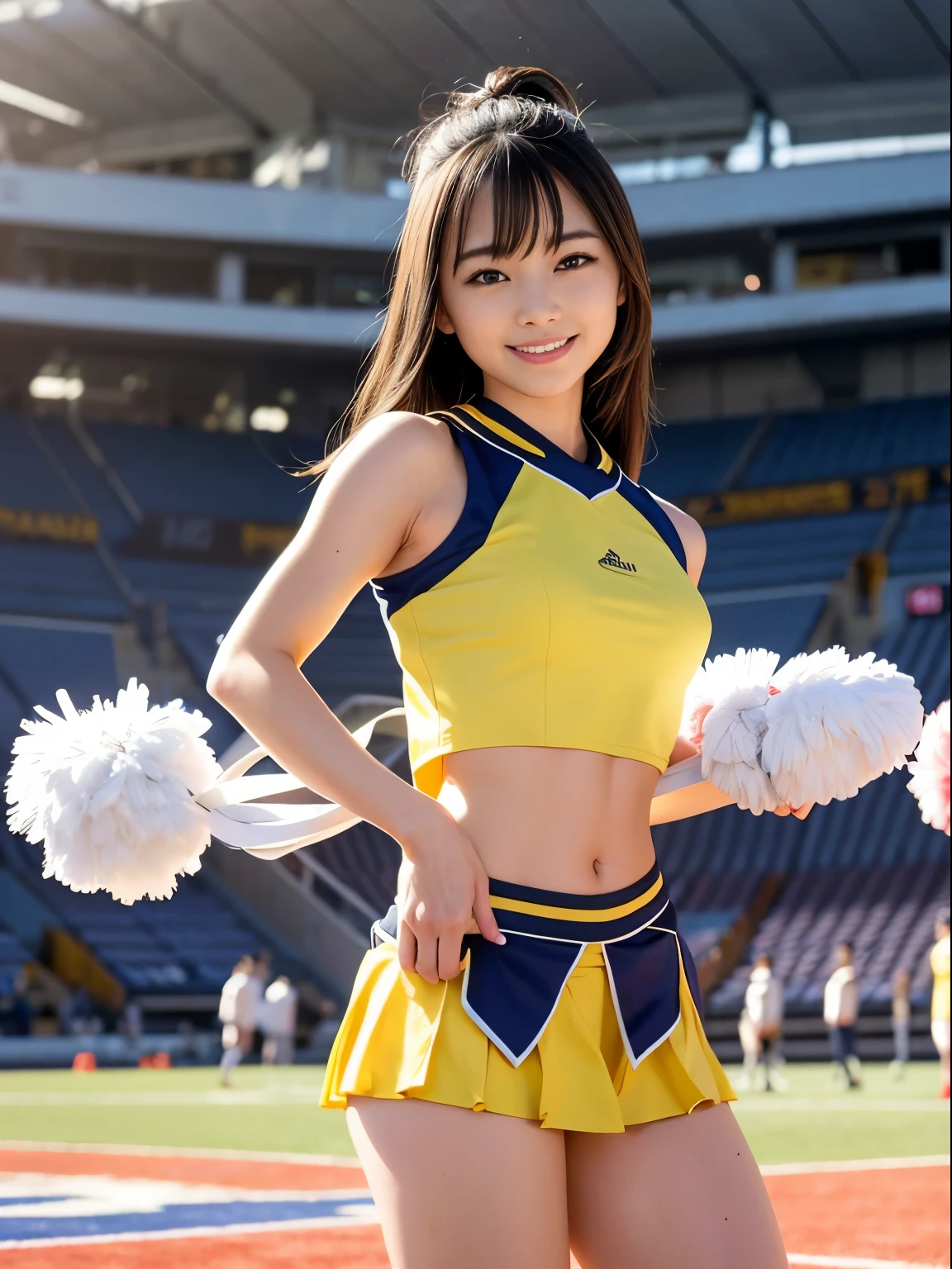 Ala Fed Asian cheerleader holding pom pom in stadium, gros-plan, gros-plan,  Photo, Anime , Small breasts, RAW Photo, Best Quality, High resolution, (masutepiece), (Photorealistic:1.4), professional Photography, Sharp Focus, nffsw, 8K resolution, Intricate details, depth of fields, Highly detailed CG Unity 8k wallpaper, Front light, NSFW, Woman, girl, beautiful supermodel, Smile, slender, Small Cheer Uniform, yellow