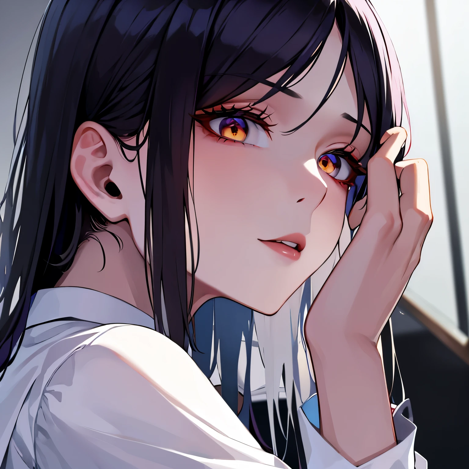 Upper body and head, yandere, bottom angle, focus on a handsome woman, perfect handsome female solo, solo woman, medium hair, parted bangs, lightly twisting the hair next to the ear, hairpin, black hair, beautiful face, crazy, perfect hands, lavender eyes, uniform, white shirt, black blazer, detailed lighting, school, big breasts,