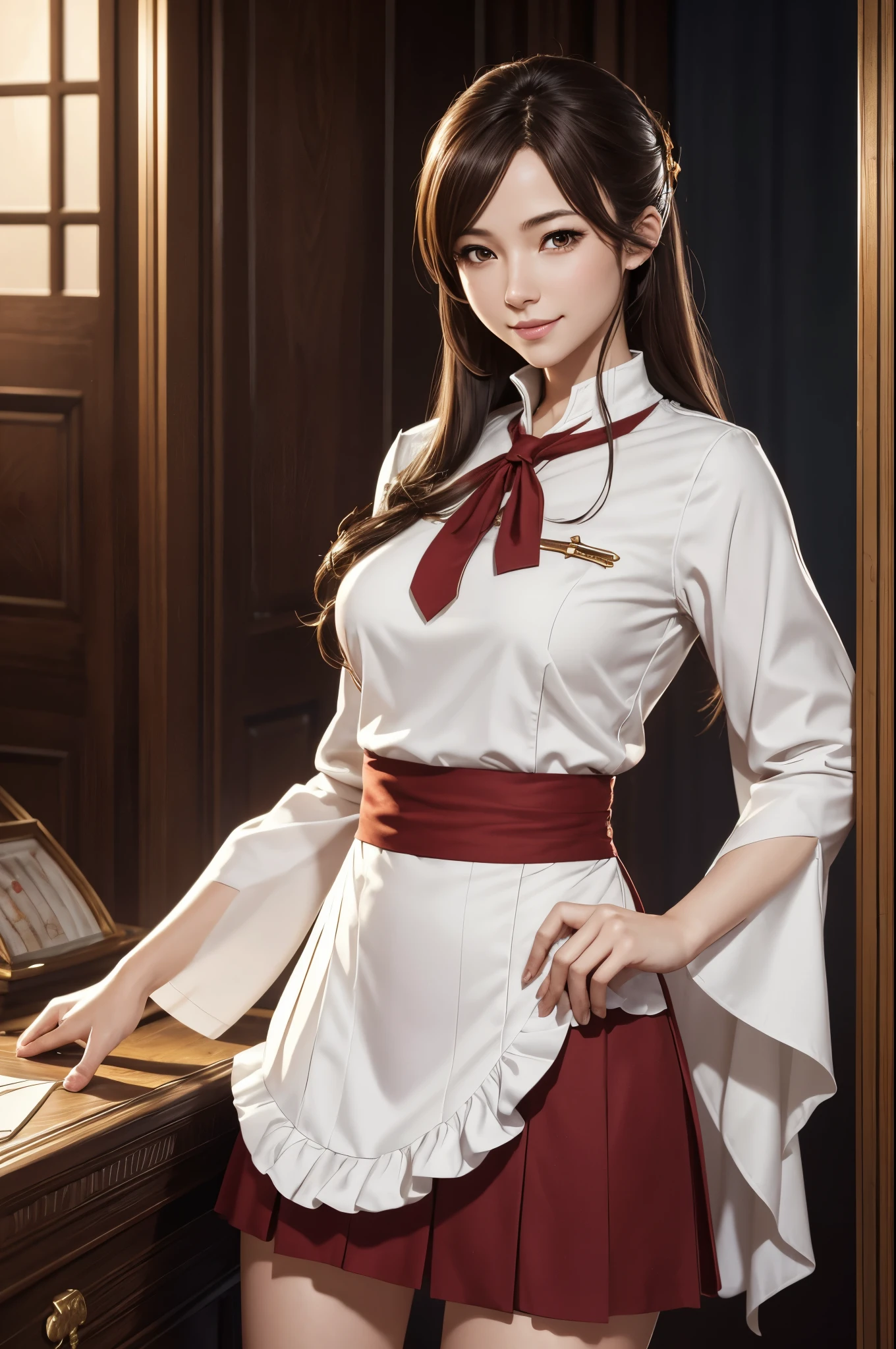 8K,赤と白のGuild staff uniformを着た女性がを撮っています, Smooth CG art, shiny white skin, 8k high quality detailed art, photorealistic anime girl render, fanart best artstation, character is in her natural pose, Beautiful attractive receptionist woman, elegant smiling pose, smooth digital concept art, very detailed character, White shiny skin,Fantasyart,Adventurer&#39;s Guild Counter,character art,Brown hair,thin muscular body,red and white ruffle skirt,Thin macho,Guild staff uniform,超A high resolution,A hyper-realistic,