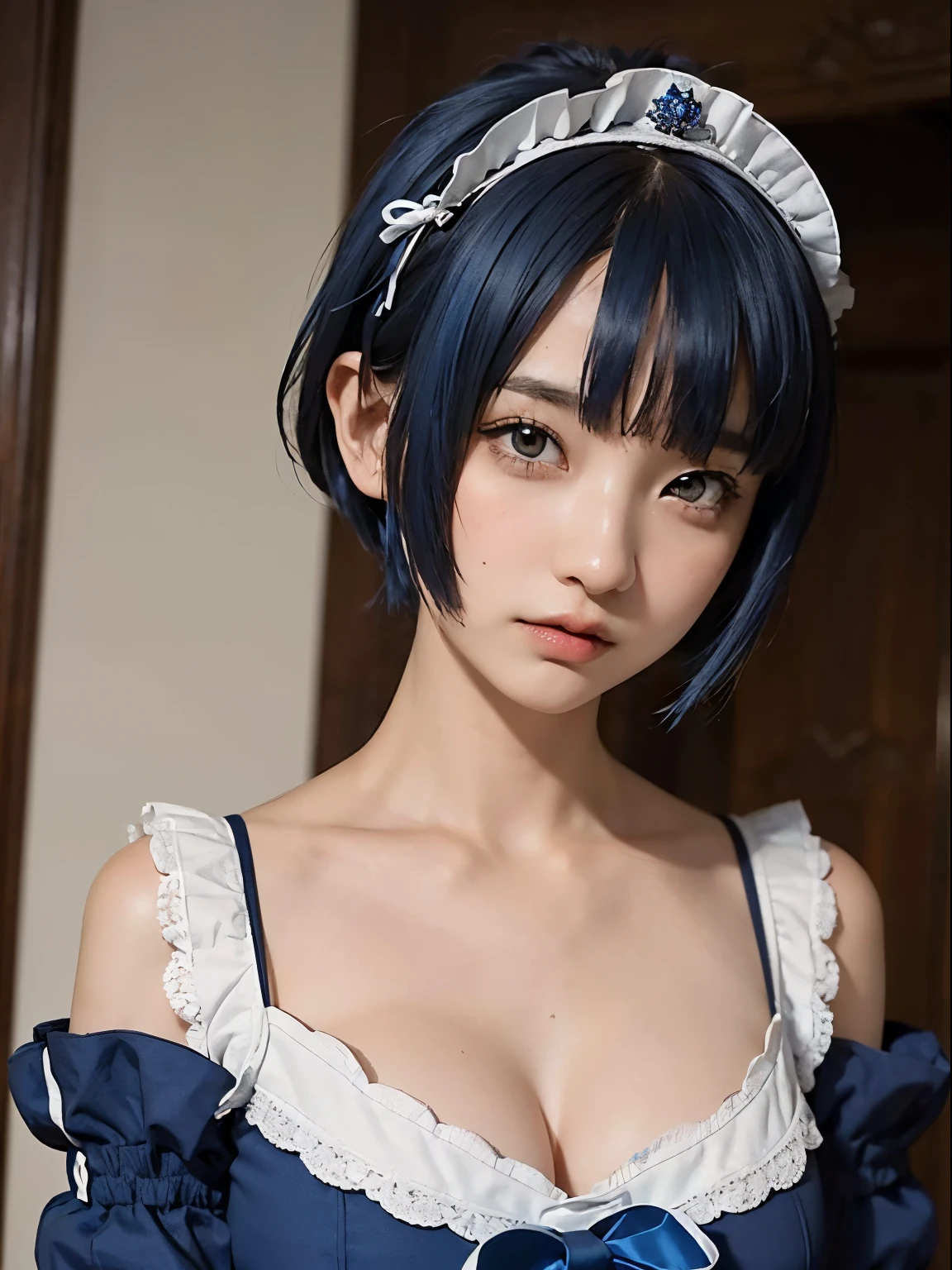 Hi-Res, Sharp Focus, pixiv Masterpiece, (((Intricate details)), High Detail, Upper Body, One Girl, rem_re_zero, Blue Hair, Short Hair, Maid Clothes, Hair Ornaments, Cleavage, Maid Headdress, Detached Sleeves, Ribbon,