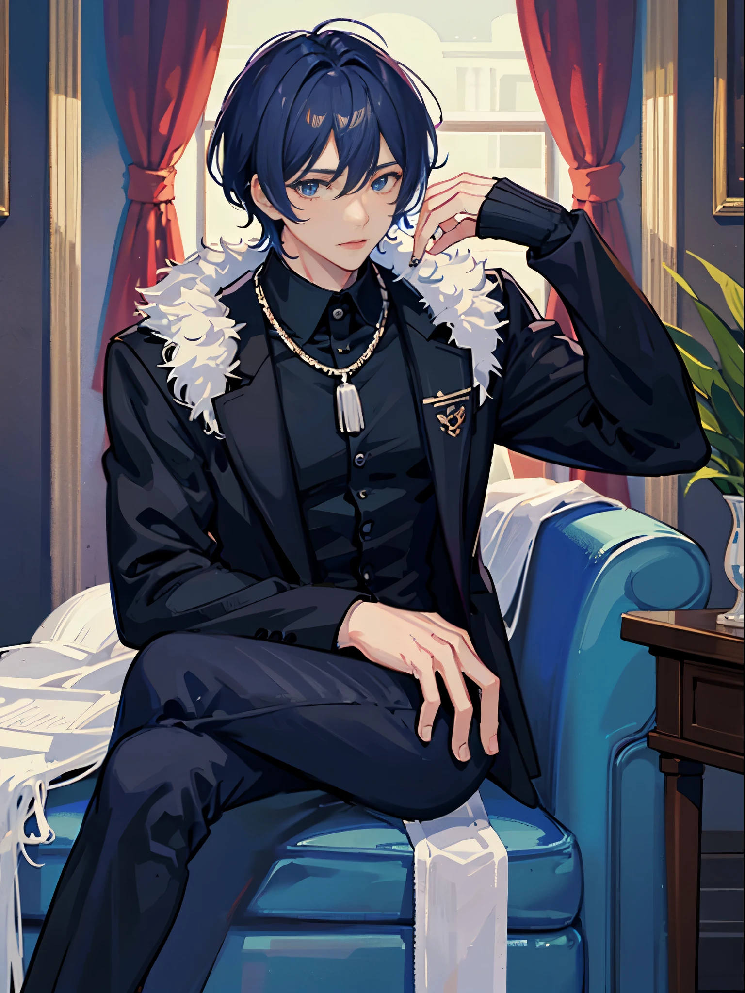 Gojo Satoru, fairly muscular arms, sitting on a chair with his legs crossed, with a rather muscular body and a black suit, with blue eyes