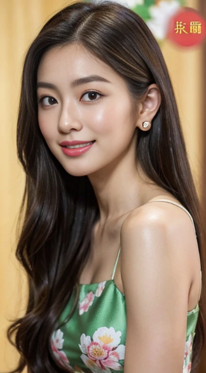 Upper body, （Very meticulous CG 8k wallpapers），（Very sophisticated、Beautiful fece），（masutepiece），（best qualtiy:1.0），（よるのかい超hight resolution:1.0），Beautiful feceライトアップ，Perfect Lightning，realisiticなシェーディング，[hight resolution]，Smooth, Completely fair skin,，Very exquisite facial detail，ultra - detailed，girl with，Muchimuchi's body、Healthy physique、Smile，cheerfulness,Summer，Enjoy a comfortable and drunken look,(Patterned Chinese dress based on deep green:1.3)，Slender legs，Shoulders apart，Bare shoulders，attractive collarbone，Flowers,from the front side，(Holding a Chinese brush in hand:1.3),Lean forward,Japanese actress Asami Mizukawa、Transparent beautiful skin、Cool impression with long eyes、speak slowly and carefully、hidden core strength、Black hair suits you、Makeup that is not too flashy、Makeup looks natural too、Beautiful posture、a small face、The nasal muscles are passing through、The corners of the mouth are higher than the width of the head、Less than one third of the vertical width of the face、The border between the eyebrows and the base of the nose is deeply concave、The distance between the left and right eyes is、、、、、narrower than the width of one eye、distance between eyes and eyebrows、Narrower than one vertical width of the eye、The outline is、Oval or long type、The shape of the jaw resembles an upside down 、Hairstyles that go well with Chinese dress、(masutepiece, top-quality、high-detail:1.4、Very attractive beauty、Add intense highlights to the eyes、Look firmly at the camera:1.4、A beautiful woman full of charm、Ideal ratio body proportions、Perfect Anatomy、Lustrous hair、lipgloss),1girl with, 独奏, Light brown shiny hair, realisitic, looking at the viewers、Tilt your head slightly、 唇はlipgloss,big eye、Lashes、The face is a little red、Embarrassing)、((Put very strong highlights in your students、gazing at viewer、とてもBeautiful fece美女、Put your ears out、long neck、little smiling、Beautiful teeth、Open your mouth and smile、Heart-shaped pupil))、28 year old、Very cute supermodel、
