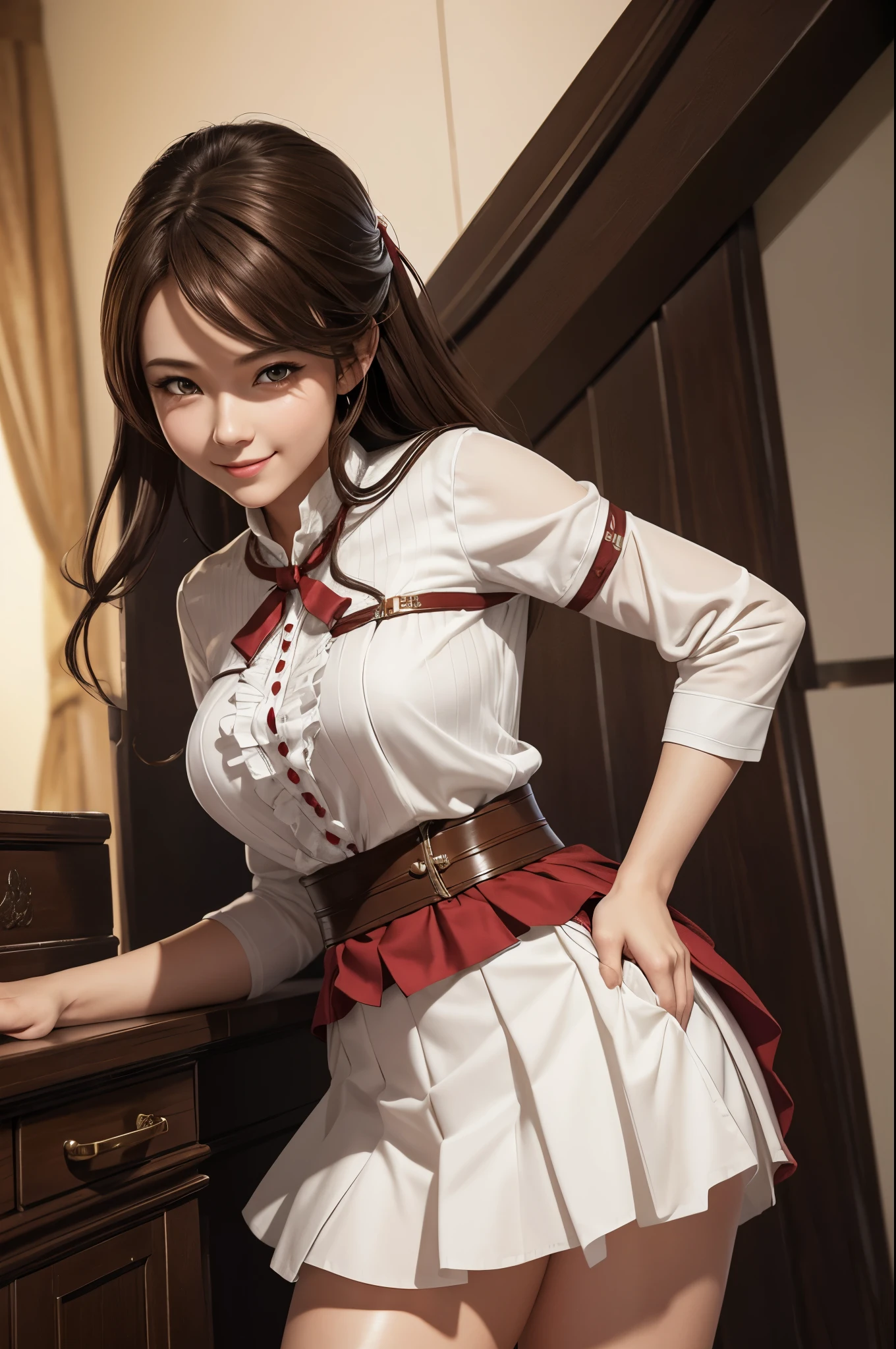 8K,赤と白のGuild staff uniformを着た女性がを撮っています, Smooth CG art, shiny white skin, 8k high quality detailed art, photorealistic anime girl render, fanart best artstation, character is in her natural pose, Beautiful attractive receptionist woman, elegant smiling pose, smooth digital concept art, very detailed character, White shiny skin,Fantasyart,Adventurer&#39;s Guild Counter,character art,Brown hair,thin muscular body,red and white ruffle skirt,Thin macho,Guild staff uniform,超A high resolution,A hyper-realistic,