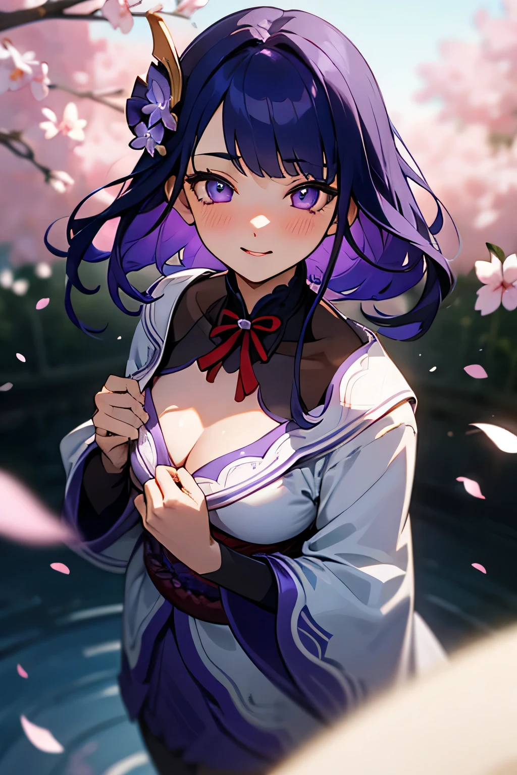 1girl in, Solo, Beautuful Women, medium breasts, plein air, cherry blossom, Wind-effect, Gradient Hair, Blue hair, Purple hair, lonely, Ray tracing, reflective light, Natural light, depth of fields, close-up, masutepiece, Best Quality, high details, High quality, acurate, Textured skin, nffsw, nffsw, (Blushing:1.2), Beautiful smile, Beautiful eyes, Detailed eyes, Gradient colorful eyes, Glowing eyes, ((Raiden General)), Cowboy Shot, From above