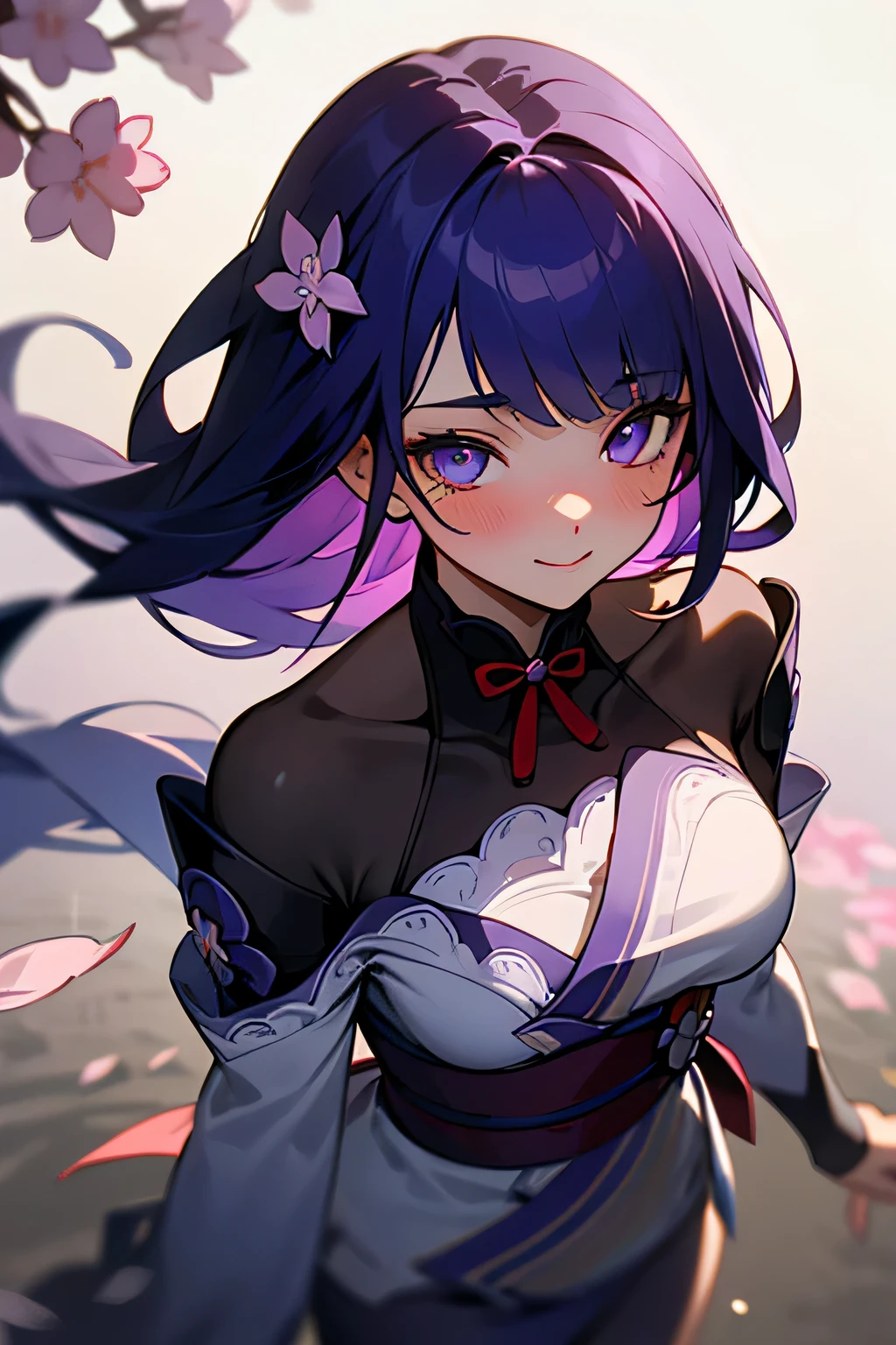 Anime girl with purple hair and a bow tie standing in front of a tree ...