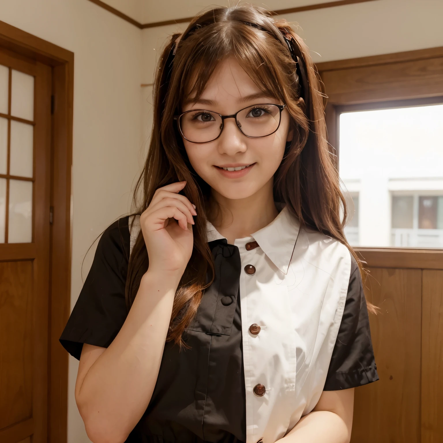 smirk,I don't see any teeth..、High School Girls.、maid outfit, kawaii,Long reddish-brown hair,Wear glasses,Age 20,small nose,Japan girls,bangs