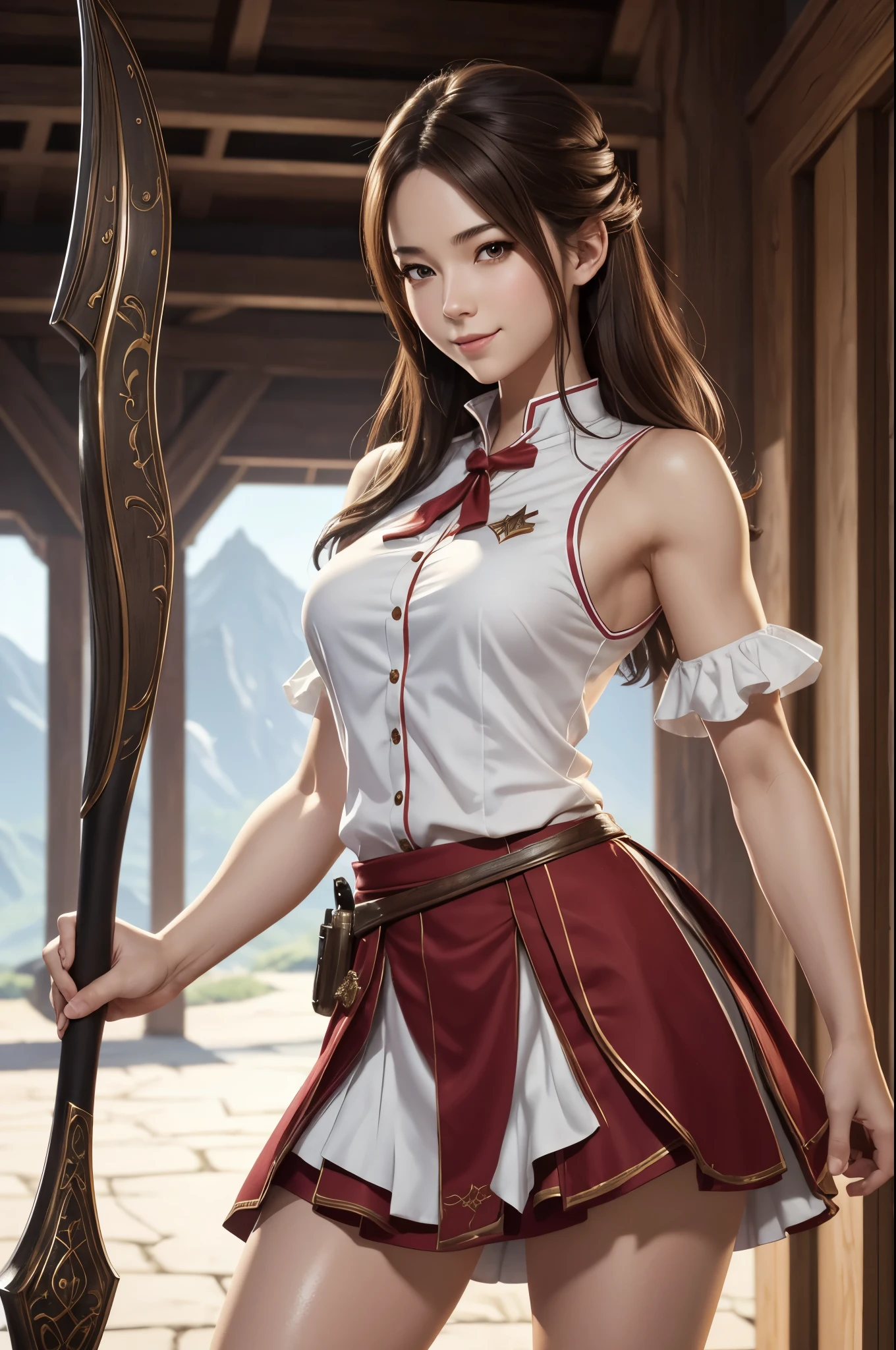 8K,赤と白のGuild staff uniformを着た女性がを撮っています, Smooth CG art, shiny white skin, 8k high quality detailed art, photorealistic anime girl render, fanart best artstation, character is in her natural pose, Beautiful attractive receptionist woman, elegant smiling pose, smooth digital concept art, very detailed character, White shiny skin,Fantasyart,Adventurer's Guild Counter,character art,Brown hair,thin muscular body,red and white ruffle skirt,Thin macho,Guild staff uniform,超A high resolution,A hyper-realistic,