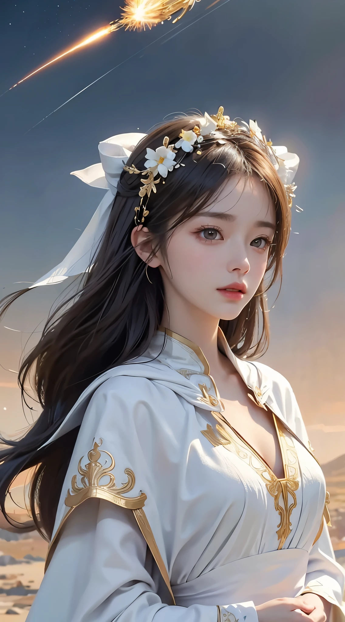 (masterpiece、top-quality、top-quality、Official art、Beautifully Aesthetic:1.2)、(1girl in)、ighly detailed、(Fractal Art:1.3)、colourfull、highestdetailed、face perfect、The upper part of the body、large boob、nffsw、(doa:1.3)、(White cloak golden lines:1.2)、intergalactic、(light streaks)、striking visuals、(Dynamic right-handed trajectory:1.2)、vivd colour、