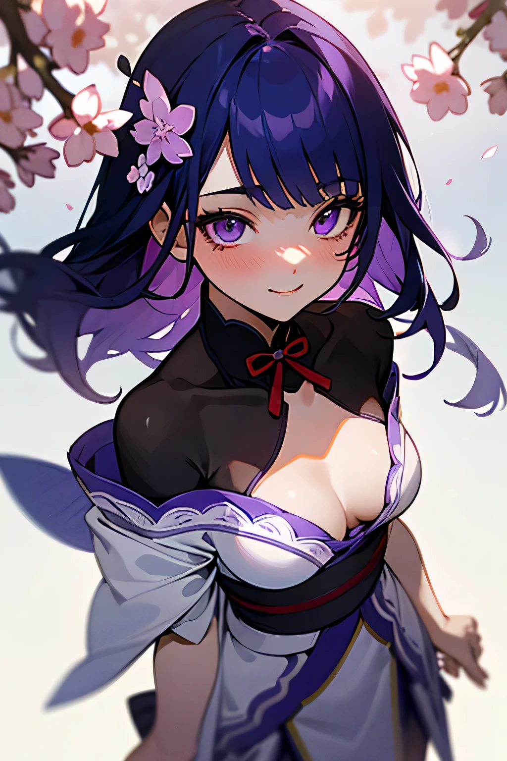 1girl in, Solo, Beautuful Women, medium breasts, plein air, cherry blossom, Wind-effect, Gradient Hair, Blue hair, Purple hair, lonely, Ray tracing, reflective light, Natural light, depth of fields, close-up, masutepiece, Best Quality, high details, High quality, acurate, Textured skin, nffsw, nffsw, (Blushing:1.2), Beautiful smile, Beautiful eyes, Detailed eyes, Gradient colorful eyes, Glowing eyes, ((Raiden General)), Cowboy Shot, From above