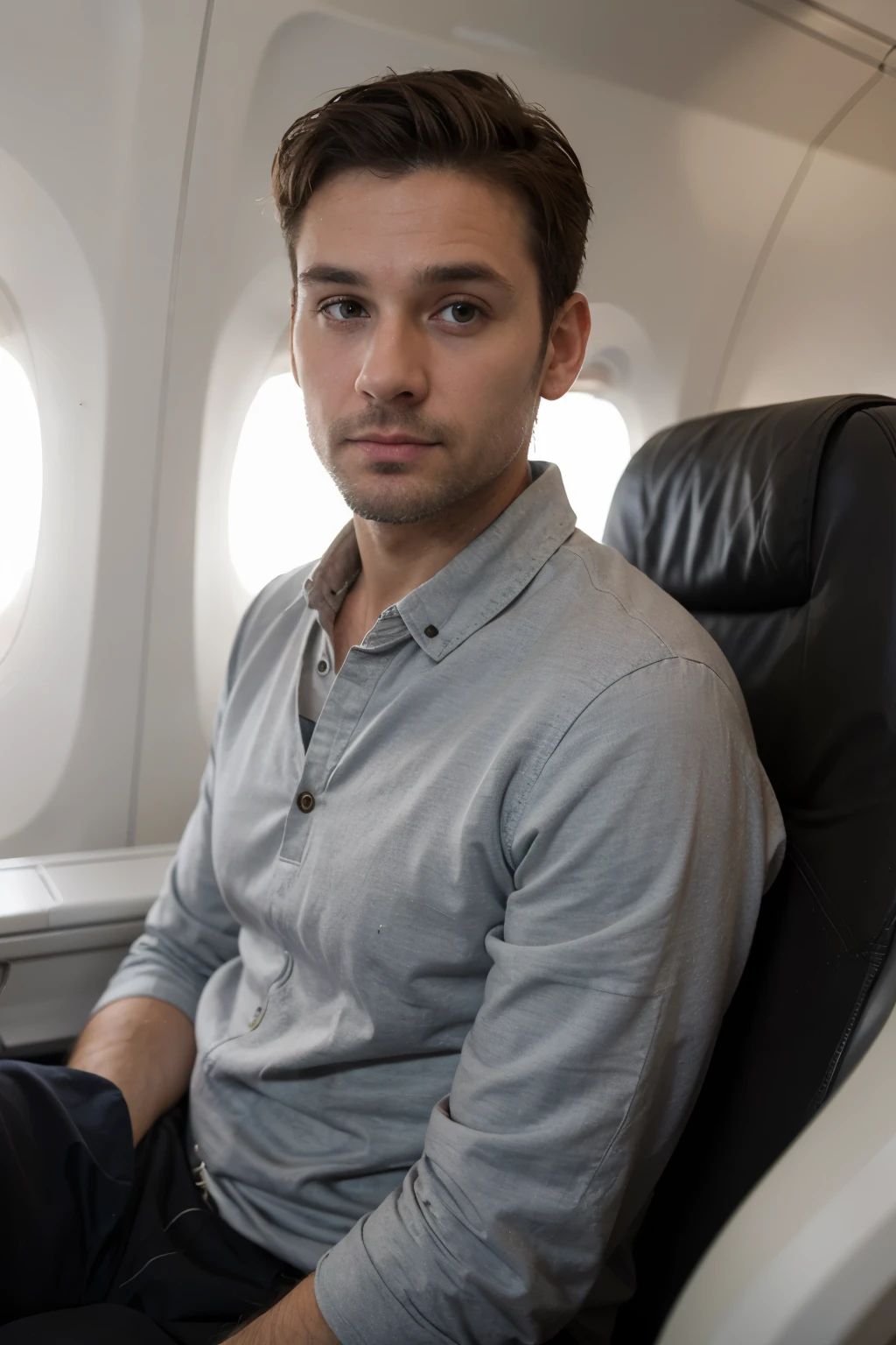 ((Best Quality)), ((Masterpiece)), (Detailed), a perfect face, short hairstyle, a 36-year-old man sitting on an airplane
