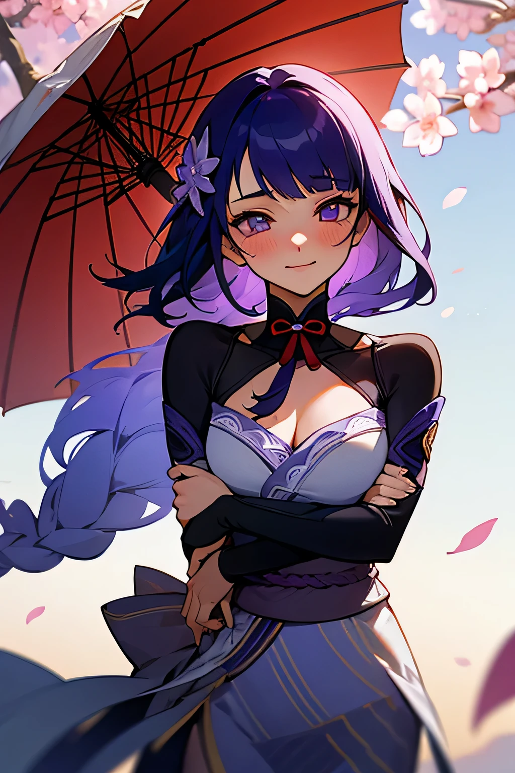 1girl in, Solo, Beautuful Women, medium breasts, plein air, cherry blossom, Wind-effect, Gradient Hair, Blue hair, Purple hair, lonely, Ray tracing, reflective light, Natural light, depth of fields, close-up, masutepiece, Best Quality, high details, High quality, acurate, Textured skin, nffsw, nffsw, (Blushing:1.2), Beautiful smile, Beautiful eyes, Detailed eyes, Gradient colorful eyes, Glowing eyes, ((Raiden General)), Cowboy Shot