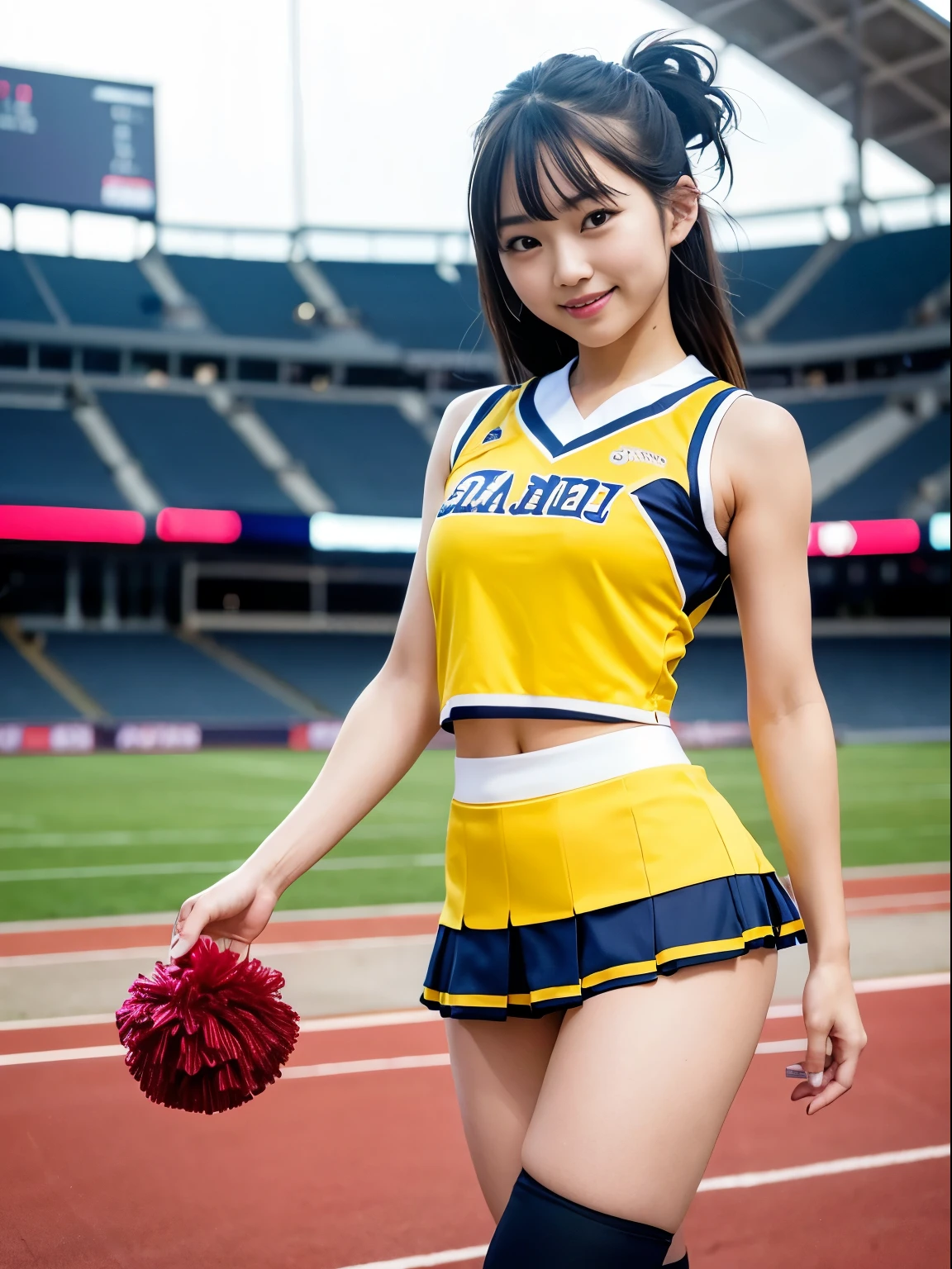 (8k, masterpiece, highest quality, high resolution, photorealistic), (1 girl), densely drawn night stadium, cheerleader, sweat-soaked skin, ruffled miniskirt, knee-high boots, 18 years old, realistic face, double eyelids, model body shape, beautiful Japan, super densely drawn body, dense arms, dense hands, dense feet, smile, soft lighting, focus on face, standing, lighting on face, small face, stadium at night