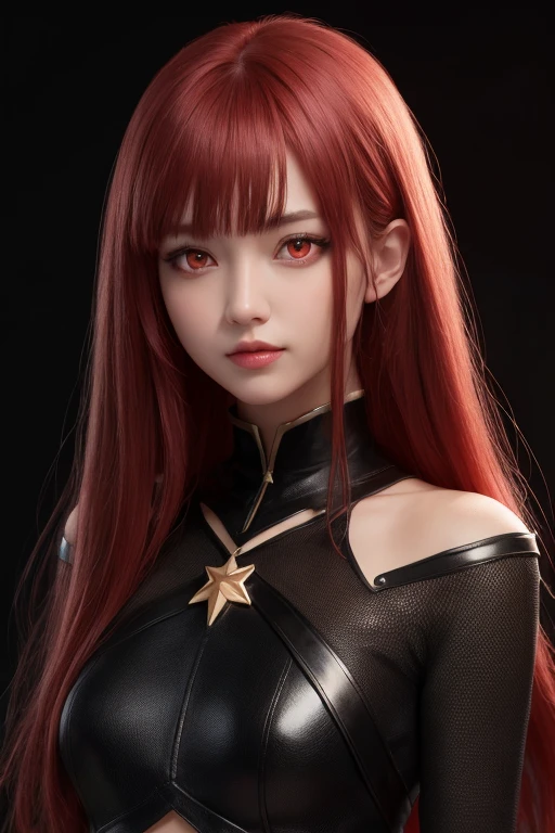 1girl, star eye, blush, perfect illumination, red hair, red eyes, unreal engine, sidelighting, detailed face, bangs, bright skin, simple background, dark background, full body,