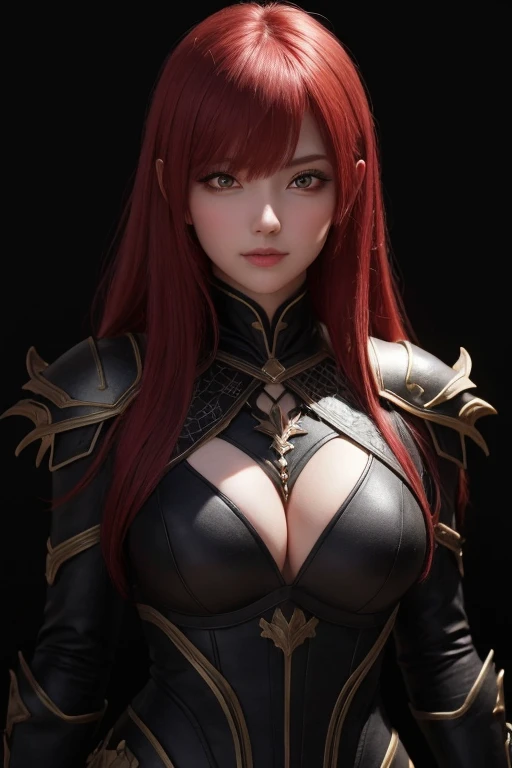 1girl, star eye, blush, perfect illumination, red hair, red eyes, unreal engine, sidelighting, detailed face, bangs, bright skin, simple background, dark background, full body,