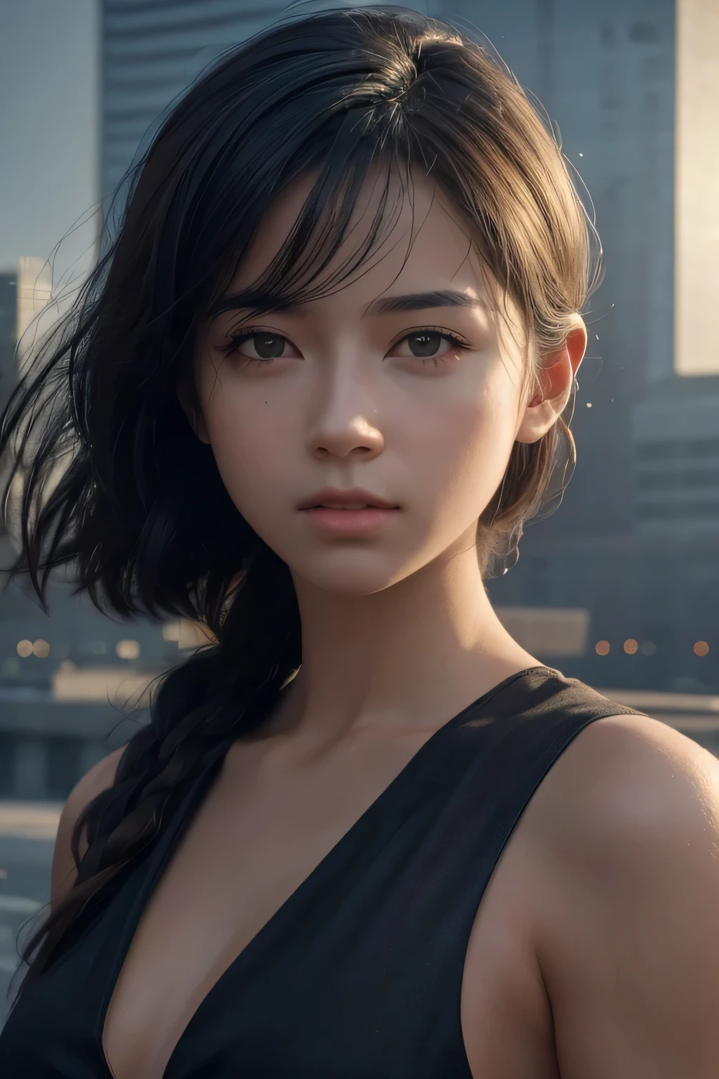 1girl,solo,black eyes,dust,dust,volumetric fog,absurdres,(light particle:1.2),lens 135mm,f1.8,depth of field,dramatic light,Rim lighting,[buildings|Art Deco background:1.3],(masterpiece, best quality:1.4),(photorealistic:1.4)(realistic, photo-realistic:1.4),8k UHD,ultra high res,RAW,HDR,