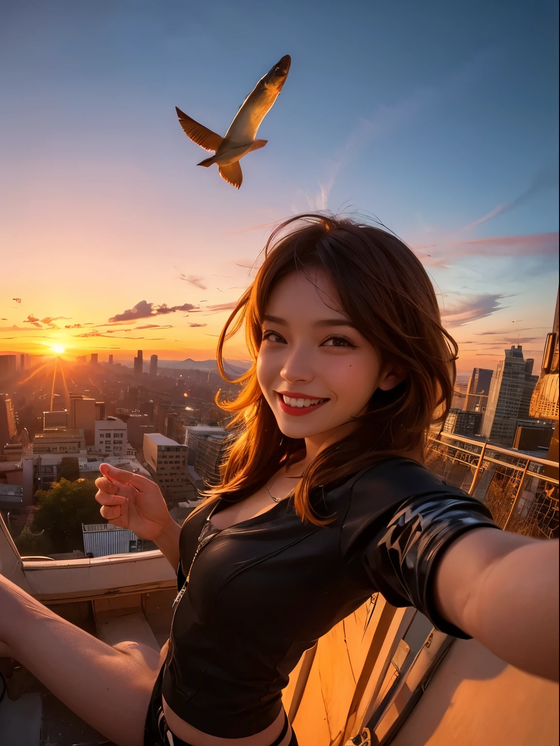 1 punk girl, fish eye, Self-shot, Wind, hair messy, Sunset, Cityscape, (Aesthetics and atmosphere:1.2),Smiling、Hyper-realistic