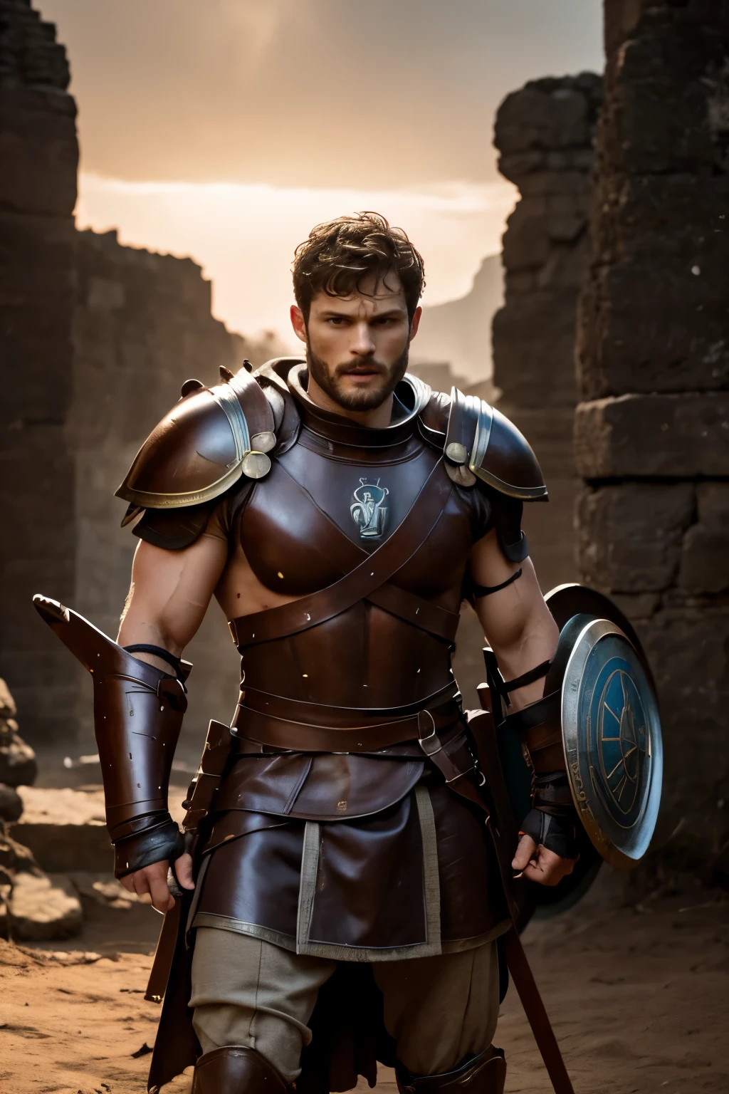 create Jamie Dornan as a Spartan warrior), Use sword and shield, Wearing Spartan armor, strong and muscular, Jamie Dornan, strong and muscular, (Moreno with a model face), with a black beard, dark short hair, 与演员Jamie Dornan相似的男人, (High quality and realistic images), Spartan city background, style, ((best quality, 8k, masterpiece).