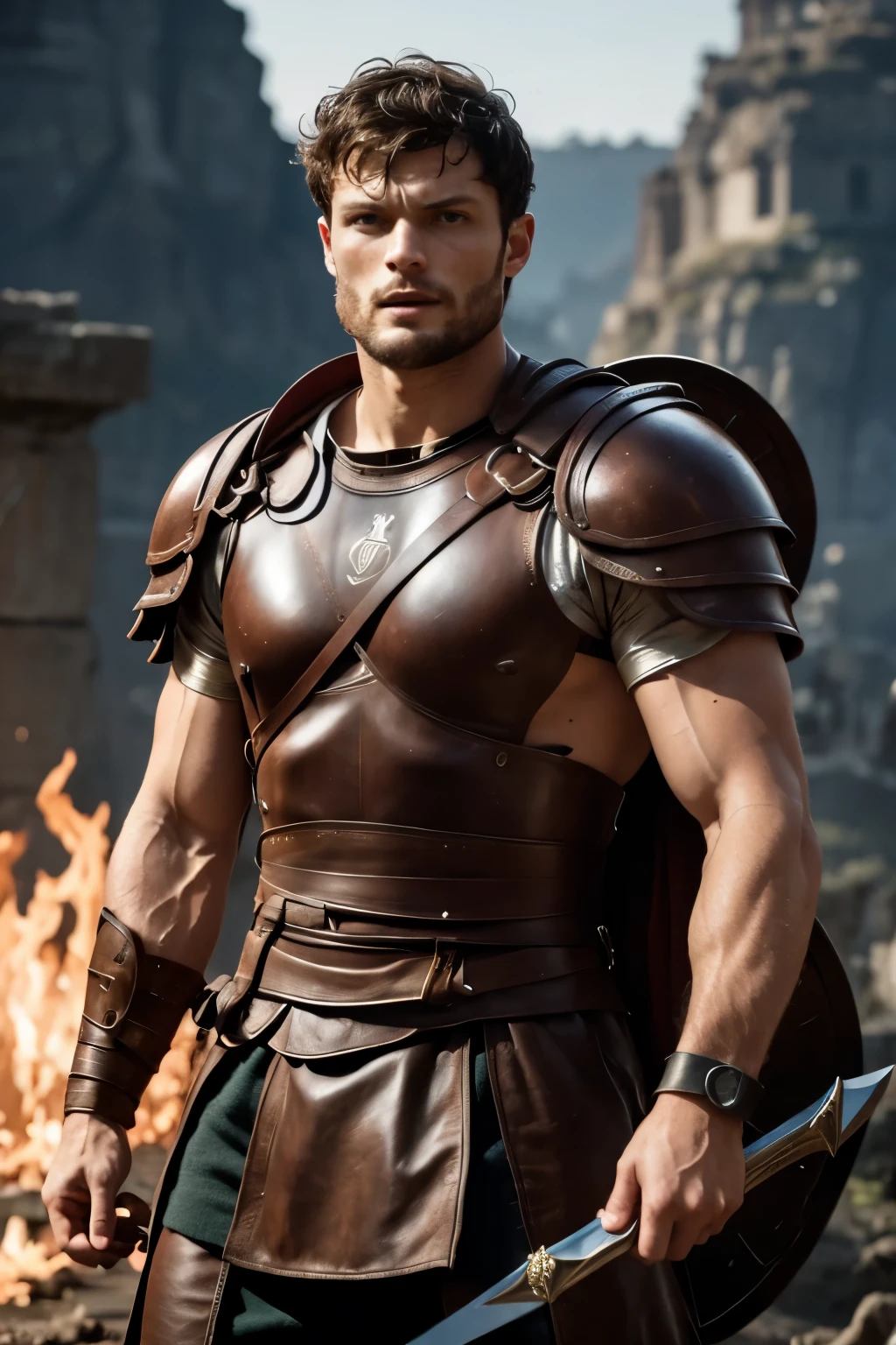 create Jamie Dornan as a Spartan warrior), Use sword and shield, Wearing Spartan armor, strong and muscular, Jamie Dornan, strong and muscular, (Moreno with a model face), with a black beard, dark short hair, 与演员Jamie Dornan相似的男人, (High quality and realistic images), Spartan city background, style, ((best quality, 8k, masterpiece).