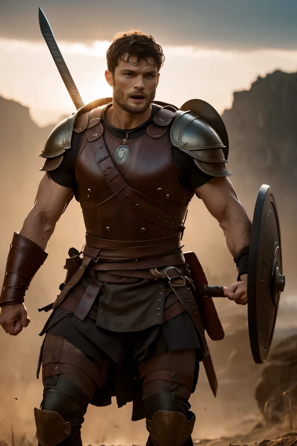 create Jamie Dornan as a Spartan warrior), Use sword and shield, Wearing Spartan armor, strong and muscular, Jamie Dornan, strong and muscular, (Moreno with a model face), with a black beard, dark short hair, 与演员Jamie Dornan相似的男人, (High quality and realistic images), Spartan city background, style, ((best quality, 8k, masterpiece).