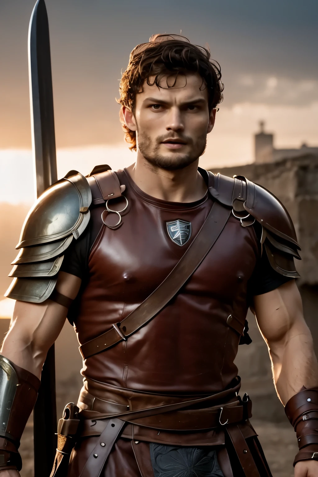 create Jamie Dornan as a Spartan warrior), Use sword and shield, Wearing Spartan armor, strong and muscular, Jamie Dornan, strong and muscular, (Moreno with a model face), with a black beard, dark short hair, 与演员Jamie Dornan相似的男人, (High quality and realistic images), Spartan city background, style, ((best quality, 8k, masterpiece).