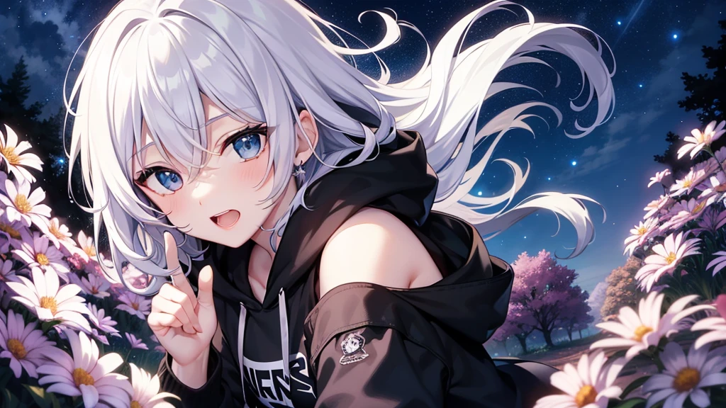 (masutepiece: 1.2, Best Quality), 1 Lady, Solo, silber hair,Shoulder out,Very short hair, long bangs between eyes, blue eyess,Black eyes, Hoodie,White hair, Silver hair, Hoodie, White hoodie、night sky full of stars、rays of moonlight、in woods、izumi、flower field、open open mouth、5 fingers