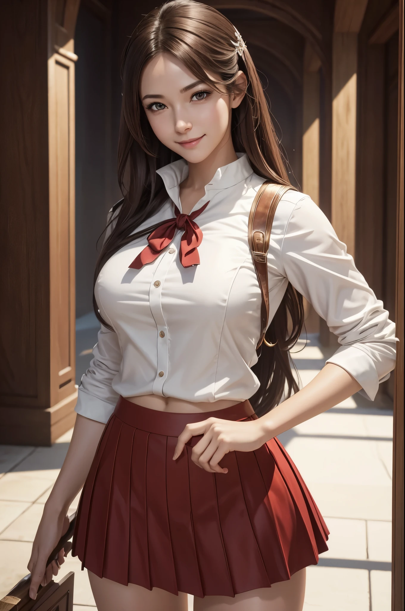 8K,赤と白のGuild staff uniformを着た女性がを撮っています, Smooth CG art, shiny white skin, 8k high quality detailed art, photorealistic anime girl render, fanart best artstation, character is in her natural pose, Beautiful attractive receptionist woman, elegant smiling pose, smooth digital concept art, very detailed character, White shiny skin,Fantasyart,Adventurer&#39;s Guild Counter,character art,Brown hair,thin muscular body,red and white ruffle skirt,Thin macho,Guild staff uniform,超A high resolution,A hyper-realistic,Split abs,