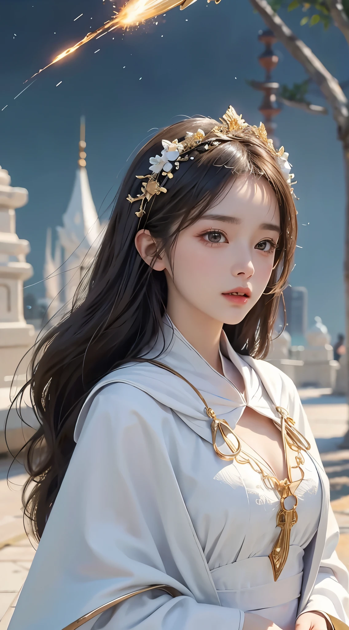 (​masterpiece、top-quality、top-quality、Official art、Beautifully Aesthetic:1.2)、(1girl in)、ighly detailed、(Fractal Art:1.3)、colourfull、highestdetailed、face perfect、The upper part of the body、large boob、nffsw、(doa:1.3)、(White cloak golden lines:1.2)、intergalactic、(light streaks)、striking visuals、(Dynamic right-handed trajectory:1.2)、vivd colour、