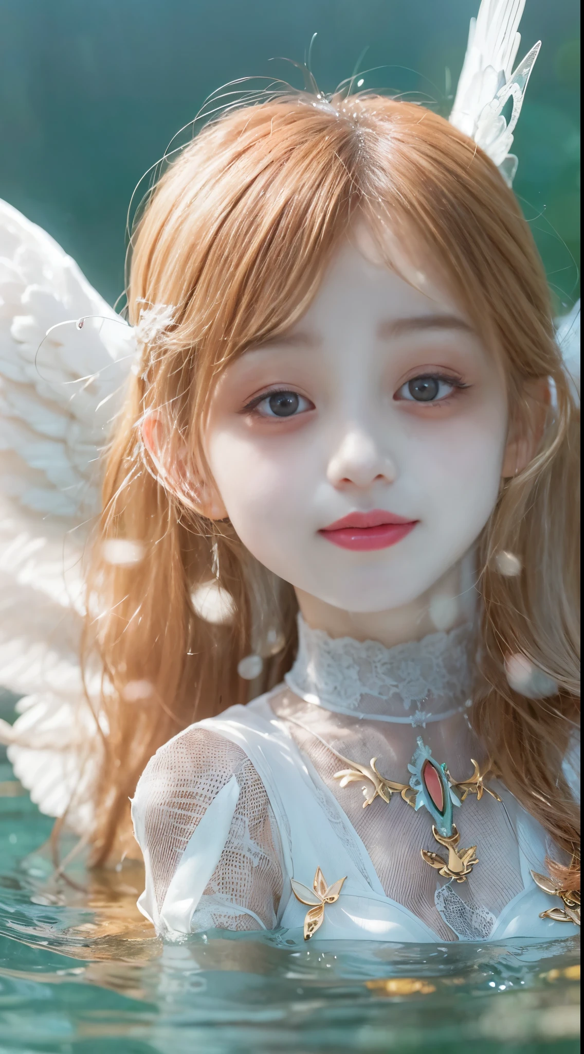 Dragons in Chinese mythology,(Portraits of angels and dragon gods:1.3,)(Sheer and revealing white puffy outfit, ),(Angel with glass wings floating on the surface of the lake:1.3), (The glass dragon protects the angel from behind:1.3),Shiny light brown and orange striped hair,,,,,,adorable smile,perfect round face,A cheerful smile puts the audience in a good mood,Correct body proportions,On the table,Ultra-high quality output images,A high resolution,Complicated details,Hair Fluttering in the Wind,very delicate beautiful,photograph realistic,dream-like,profesional lighting,realistic shaded,beautiful hand,beautiful hand指,Detailed finger features,Detailed clothing features,Detailed hair features,detailedfacialfeatures,
