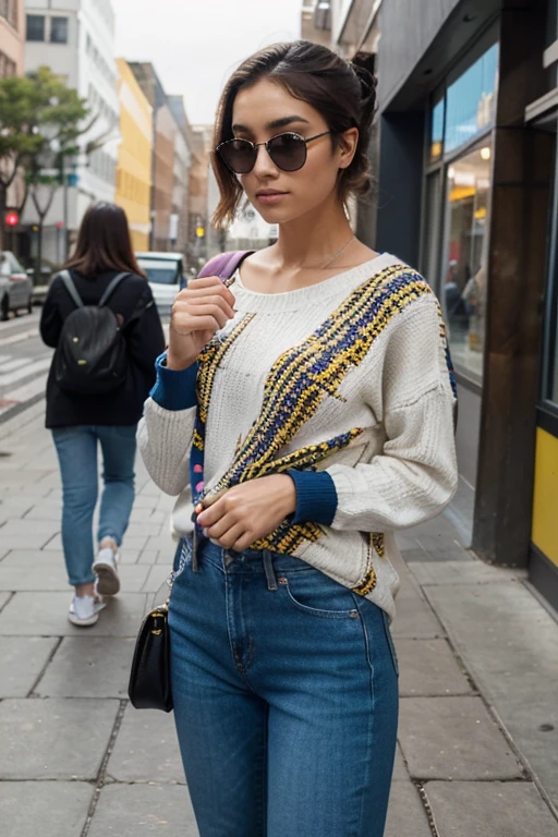 A person is standing outdoors on a paved surface, with their face obscured for privacy. They are holding a smartphone in their right hand, seemingly engaged with it. The individual is wearing a multicolored striped sweater that has hues of brown, white, and black. The sweater is oversized and extends beyond the wrists. They are also wearing wide-legged denim jeans that are blue and have a noticeable fade pattern. A colorful bag with intricate designs and patterns is slung over their right shoulder; the bag features various colors including yellow, red, black, and white which form floral-like patterns. The person has on sneakers that have a complex design incorporating brown tones with an animal print pattern